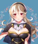  1girl blonde_hair blue_background blush breasts cape cleavage collared_dress eyebrows_visible_through_hair fire_emblem fire_emblem_if hair_between_eyes looking_at_viewer mamkute medium_breasts my_unit_(fire_emblem_if) nekolook parted_lips pointy_ears portrait red_eyes upper_body 