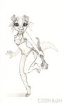  bra breasts clothing coonkun female greyscale horn kobold loincloth looking_at_viewer midriff monochrome on_one_leg plantigrade scalie sketch smile solo standing underwear 