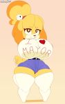  2019 absurd_res animal_crossing anthro bedroom_eyes big_breasts bottomwear breasts canid canine canis clothed clothing denim denim_clothing denim_shorts domestic_dog dongitos female hair half-closed_eyes hi_res huge_breasts huge_thighs hyper hyper_breasts isabelle_(animal_crossing) legwear looking_at_viewer mammal nintendo seductive shih_tzu short_stack shorts simple_background smile squish stockings thick_thighs thigh_squish tight_clothing toy_dog video_games 