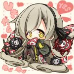  1girl 3others 7:08 absurdres chibi girls_frontline goliath_(girls_frontline) grey_hair hair_ribbon heart heart-shaped_pupils highres jacket long_hair multiple_others name_tag radio ribbon sangvis_ferri symbol-shaped_pupils ump40_(girls_frontline) yellow_eyes 