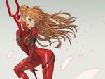  1girl blue_eyes bodysuit breasts commentary feet_out_of_frame grey_background hand_on_own_face highres lance_of_longinus long_hair neon_genesis_evangelion orange_hair parted_lips petals pilot_suit plugsuit red_bodysuit shinya_komi simple_background solo souryuu_asuka_langley two_side_up 