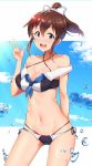 1girl bikini blue_eyes bow breasts brown_hair cleavage collarbone commentary_request cosplay cowboy_shot hair_between_eyes hair_bow highres idolmaster idolmaster_million_live! kantai_collection large_breasts looking_at_viewer navel open_mouth ponytail satake_minako solo swimsuit teeth w wattsu 