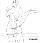  &lt;3 2007 aaron_(artist) anthro back_muscles backsack balls biceps black_and_white butt cetacean clothed clothing delphinoid digital_media_(artwork) fin gesture line_art long_tail looking_at_viewer looking_back male mammal marine monochrome muscular muscular_male oceanic_dolphin orca orcinus partially_clothed perineum rear_view saggy_balls smile solo standing swimming_goggles tail_fin tattoo thick_tail toothed_whale v_sign 
