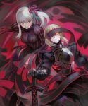  2girls armor blonde_hair braid character_request copyright_request fate_(series) gauntlets glowing glowing_eye hair_ribbon holding holding_sword holding_weapon medium_hair multiple_girls parted_lips pink_ribbon red_eyes ribbon silver_hair smile sword turtleneck veins visqi weapon yellow_eyes 