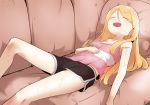  1girl absurdres blonde_hair blush bural_chingu couch drooling full_body hair_between_eyes highres lee_ji-min long_hair on_couch open_mouth saliva shorts sleeping smile solo strap_slip sweat tank_top wweed 