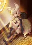  1girl animal_ear_fluff animal_ears bangs black_legwear blade_&amp;_soul blush closed_mouth collarbone commentary_request dress dressing eyebrows_visible_through_hair fox_ears fox_girl fox_tail hair_ornament head_tilt highres hyonee knee_up looking_at_viewer lyn_(blade_&amp;_soul) no_shoes on_floor original red_eyes silver_hair sitting smile soles solo sunlight tail thighhighs thighhighs_pull white_dress window wooden_floor 