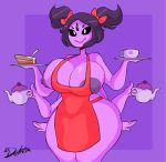  6_arms anthro apron apron_only arachnid areola arthropod big_breasts black_hair bow breasts cake clothing cup detnox female food hair humanoid kettle mostly_nude muffet multi_arm multi_eye multi_limb nipples purple_skin saucer solo spider tea_cup thick_thighs twintails_(disambiguation) undertale video_games wide_hips 