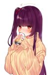  1girl blush commentary_request drinking etto_eat girls_frontline highres long_hair purple_hair red_eyes solo sweater tin_can translation_request wa2000_(girls_frontline) white_background 