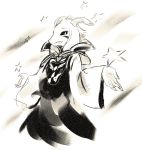  2018 5_fingers anthro asriel_dreemurr black_and_white bovid caprine clothing fangs goat hi_res horn looking_at_viewer male mammal monochrome rikuta simple_background solo star undertale video_games 