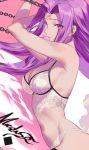  1girl arms_up bangs bare_shoulders breasts chain character_name cleavage facial_mark fate_(series) forehead_mark large_breasts long_hair looking_at_viewer parted_bangs parted_lips pink_background purple_eyes purple_hair rider salmon88 solo very_long_hair 