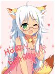  1girl ;d ahoge animal_ear_fluff animal_ears bangs bell blush breasts cleavage collarbone commentary_request dress eyebrows_visible_through_hair fang fox_ears fox_girl fox_tail glasses green_eyes hand_up happy_birthday heart highres index_finger_raised jingle_bell long_hair one_eye_closed open_mouth original pink-framed_eyewear pink_dress semi-rimless_eyewear silver_hair sleeveless sleeveless_dress small_breasts smile solo sparkle tail under-rim_eyewear upper_body very_long_hair xiaosamiao 