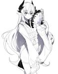  1girl bangs blush closed_mouth dragon_horns eyebrows_visible_through_hair fan fate/grand_order fate_(series) folding_fan greyscale hair_between_eyes hand_up holding holding_fan horns japanese_clothes kimono kiyohime_(fate/grand_order) long_hair long_sleeves monochrome obi ririko_(zhuoyandesailaer) sash simple_background sleeves_past_wrists smile solo thighhighs very_long_hair white_background wide_sleeves 