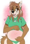  2016 5_fingers anthro black_lips brown_eyes brown_hair canid canine canis citrinelle clothed clothing digital_media_(artwork) domestic_dog eyewear female glasses hair hi_res mammal open_mouth pregnant simple_background solo teeth tongue 