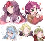  ahoge anklet aqua_(fire_emblem_if) blue_eyes blue_hair blush braid cape circlet closed_eyes dress elbow_gloves fa facial_mark fire_emblem fire_emblem:_akatsuki_no_megami fire_emblem:_fuuin_no_tsurugi fire_emblem:_kakusei fire_emblem:_souen_no_kiseki fire_emblem_heroes fire_emblem_if forehead_mark garter_straps gloves green_eyes green_hair hair_between_eyes headband highres jewelry long_hair long_sleeves mamkute mother_and_daughter multiple_girls nakabayashi_zun nn_(fire_emblem) nono_(fire_emblem) open_mouth pink_legwear pointy_ears ponytail purple_eyes purple_hair robe sanaki_kirsch_altina short_hair smile tiara twin_braids veil yellow_eyes younger 