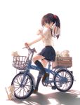  1girl :d animal bangs bicycle black_hair black_legwear black_skirt blush bottle bow brown_eyes brown_footwear cat commentary_request eyebrows_visible_through_hair ground_vehicle hair_between_eyes hair_bow helmet highres holding holding_bottle kankurou kneehighs loafers long_hair milk_bottle open_mouth original pleated_skirt ponytail red_bow sailor_collar school_uniform serafuku shadow shirt shoes short_sleeves sidelocks skirt smile solo white_background white_headwear white_sailor_collar white_shirt 