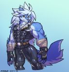  2019 anthro belt biceps canid canine canis cheong_hwan clothed clothing digital_media_(artwork) fingerless_gloves fur gloves hair male mammal muscular muscular_male simple_background wolf wolfmalro 