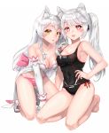  2girls :d aken animal_ears back_bow bare_arms bare_legs bare_shoulders barefoot black_swimsuit bow breasts cat_ears cleavage collarbone commission covered_navel dual_persona elsword eve_(elsword) facial_mark full_body gloves hand_on_hip heart heart-shaped_pupils highres kemonomimi_mode kneeling long_hair looking_at_viewer medium_breasts multiple_girls open_mouth panties pink_bow pink_panties red_eyes shoes sidelocks simple_background smile swimsuit symbol-shaped_pupils twintails underwear white_background white_footwear white_gloves white_hair yellow_eyes 
