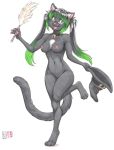  2018 anthro bell_collar breasts chest_tuft clothing collar cute_fangs domestic_cat eyewear feather_duster felid feline felis female glasses green_eyes hair hat headgear headwear hi_res kacey long_hair mammal marker_(artwork) multicolored_hair navel nipples nude on_one_leg open_mouth pawpads pigtails pussy simple_background smile solo standing tharkis traditional_media_(artwork) tuft two_tone_hair white_background witch_hat 