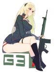  1girl bangs battle_rifle blonde_hair boots breasts character_name g3_(girls_frontline) girls_frontline gun h&amp;k_g3 high_heel_boots high_heels highres holding holding_gun holding_weapon juz knee_boots large_breasts long_hair long_sleeves parted_lips purple_eyes rifle sitting solo teeth thigh_strap weapon white_background 