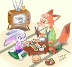  2019 anthro canid canine carrot chana clothed clothing cushion disney duo female food fox fur green_eyes grey_fur hair hi_res holding_object judy_hopps lagomorph leporid mammal necktie nick_wilde orange_fur plant purple_eyes rabbit red_fox rice simple_background sitting soy_sauce sushi television vegetable white_background zootopia 