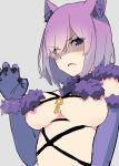  1girl absurdres animal_ear_fluff animal_ears bangs blush breasts claw_pose dangerous_beast elbow_gloves eyebrows_visible_through_hair fate/grand_order fate_(series) fur_collar gatling033 gloves grey_background hand_up highres large_breasts looking_at_viewer mash_kyrielight parted_lips purple_eyes purple_gloves purple_hair revision scowl shaded_face short_hair simple_background sketch solo underboob upper_body v-shaped_eyebrows wolf_ears 