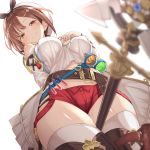  1girl arm_behind_back atelier_ryza belt beret between_thighs boots bottle breasts brown_eyes brown_hair brown_legwear cameltoe chihaya_72 commentary_request crop_top detached_sleeves from_below hair_ornament hairclip half-closed_eyes hand_on_own_breast hand_on_own_chest hat highres large_breasts looking_down lowleg lowleg_shorts midriff naughty_face navel red_shorts reisalin_stout round-bottom_flask shirt short_hair short_shorts shorts simple_background smile staff test_tube thigh_boots thighhighs thighs vial white_background white_shirt 
