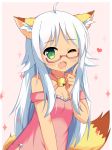  1girl ;d ahoge animal_ear_fluff animal_ears bangs bell blush breasts cleavage collarbone dress eyebrows_visible_through_hair fang fox_ears fox_girl fox_tail glasses green_eyes hand_up heart highres index_finger_raised jingle_bell long_hair one_eye_closed open_mouth original pink-framed_eyewear pink_dress semi-rimless_eyewear silver_hair sleeveless sleeveless_dress small_breasts smile solo sparkle tail under-rim_eyewear upper_body very_long_hair xiaosamiao 