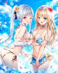  2girls :d ;q ak-12_(girls_frontline) an-94_(girls_frontline) ass bangs bikini bikini_skirt blonde_hair blue_bikini blue_eyes blue_sky blush braid breasts cleavage closed_mouth cloud commentary day eyebrows_visible_through_hair french_braid frilled_bikini frills girls_frontline hairband highres large_breasts long_hair looking_at_viewer medium_breasts multiple_girls narae navel ocean off_shoulder one_eye_closed open_mouth outdoors red_eyes ribbon shirt side-tie_bikini sidelocks silver_bikini silver_hair sky smile stomach swimsuit thighs tongue tongue_out very_long_hair wading white_shirt 