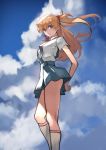  1girl 55level arms_behind_back ass blue_eyes cloud cloudy_sky frown highres neon_genesis_evangelion orange_hair school_uniform skinny sky socks solo souryuu_asuka_langley 