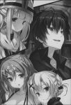  3girls absurdres age_kanata amami_mikihiro character_request christina_balcuhorn greyscale hair_ornament highres kuusen_madoushi_kouhosei_no_kyoukan monochrome multiple_girls novel_illustration official_art school_uniform 