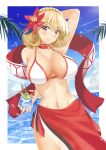  1girl arikawa_rui arm_up azur_lane bikini bikini_top blonde_hair braid breasts choker cloud crown_braid earrings flower food french_braid hair_flower hair_ornament highres ice_cream jewelry large_breasts looking_at_viewer navel prince_of_wales_(azur_lane) red_eyes shawl short_hair sky smile standing swimsuit white_bikini white_bikini_top 