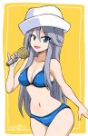  1girl absurdres bangs bikini blue_bikini blue_eyes breasts cleavage commentary cowboy_shot dixie_cup_hat eyebrows_visible_through_hair flint_(girls_und_panzer) girls_und_panzer hat highres holding holding_microphone ken_(haresaku) long_hair looking_at_viewer medium_breasts microphone military_hat navel open_mouth outside_border pinky_out silver_hair smile solo standing swimsuit twitter_username white_headwear yellow_background 