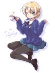  1girl artist_name bangs black_footwear black_legwear black_neckwear blonde_hair blue_eyes blue_skirt blue_sweater braid character_name closed_mouth commentary_request cup darjeeling dress_shirt emblem eyebrows_visible_through_hair floating girls_und_panzer highres holding holding_cup kuroi_mimei legs legs_up loafers long_sleeves looking_at_viewer miniskirt necktie one_eye_closed pantyhose pleated_skirt school_uniform shadow shirt shoes short_hair signature simple_background skirt smile solo spilling st._gloriana&#039;s_(emblem) st._gloriana&#039;s_school_uniform sweater tea teacup tied_hair twin_braids v-neck w_arms white_background white_shirt wing_collar 