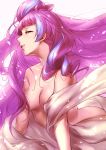  1girl bangs breasts cleavage closed_eyes collarbone eyebrows_visible_through_hair floating_hair highlights highres long_hair macross macross_delta medium_breasts mikumo_guynemer multicolored_hair nude parted_lips purple_hair shiny shiny_hair shiny_skin simple_background solo ssn tied_hair very_long_hair white_background 