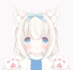  1girl animal_ear_fluff artist_name bangs blue_eyes blue_ribbon commentary eyes_visible_through_hair gloves hair_between_eyes hair_ribbon long_hair looking_at_viewer low_twintails michikousagi nekopara paw_gloves paws ribbon simple_background solo twintails upper_body vanilla_(sayori) white_background younger 