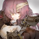  1girl bandage_over_one_eye bandages commentary_request fate/grand_order fate_(series) florence_nightingale_(fate/grand_order) gloves gun handgun highres looking_at_viewer military military_uniform natume_niji parted_lips pink_hair pistol red_eyes revolver uniform weapon white_gloves 