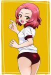  1girl ass brown_eyes buruma commentary cowboy_shot from_behind girls_und_panzer gym_shirt gym_uniform ken_(haresaku) light_blush looking_at_viewer looking_back open_mouth panties panty_peek red_buruma red_hair rosehip shirt short_hair short_sleeves smile solo standing thighs underwear white_shirt yellow_background 