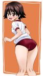  1girl ass bangs blush buruma commentary cowboy_shot eyebrows_visible_through_hair from_behind girls_und_panzer gym_shirt gym_uniform highres isobe_noriko ken_(haresaku) kneepits leaning_forward looking_at_viewer looking_back open_mouth orange_background red_buruma shirt short_hair short_sleeves smile solo standing thighs white_shirt 