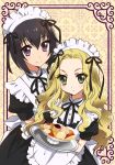  2girls alternate_costume alternate_hair_color apron bangs black_dress black_hair blonde_hair bob_cut child curly_hair dress eyelashes food frills green_eyes high_collar highres holding kinoshita_sakura long_hair looking_at_viewer maid maid_apron maid_headdress multiple_girls official_art puffy_sleeves purple_eyes ribbon rosalie_(tactics) short_hair short_sleeves smile tactics very_long_hair youko_(tactics) 