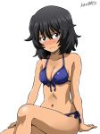  1girl andou_(girls_und_panzer) arm_support bangs bikini black_hair blue_bikini blush breasts brown_eyes cleavage closed_mouth commentary dark_skin front-tie_bikini front-tie_top frown girls_und_panzer hand_on_own_leg ken_(haresaku) looking_at_viewer medium_breasts medium_hair messy_hair navel side-tie_bikini simple_background sitting solo swimsuit white_background 