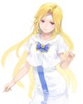  1girl alicia_florence aria blonde_hair blue_neckwear dress floating_hair head_tilt highres kuroko_(piii) long_hair red_eyes sailor_collar shirt short_sleeves simple_background smile solo standing very_long_hair white_background white_dress white_sailor_collar white_shirt 