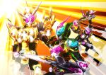  1boy absurdres armor commentary_request dual_wielding helmet highres holding kamen_rider kamen_rider_grand_zi-o kamen_rider_zi-o kamen_rider_zi-o_(series) kamen_rider_zi-o_ii kamen_rider_zi-o_trinity looking_at_viewer multiple_persona multiple_views otokamu rider_belt shiny shoulder_armor spoilers sword weapon 