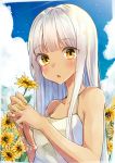  1girl bangs bare_arms bare_shoulders blue_sky blush breasts cloud collarbone commentary dated day eyebrows_visible_through_hair fingernails flower highres holding holding_flower kodama_(koda_mat) long_hair looking_at_viewer nail_polish original outdoors parted_lips signature sky sleeveless small_breasts solo sunflower upper_body white_hair yellow_eyes yellow_nails 