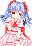  1girl :o ascot bangs bat_wings black_wings blue_hair blurry blurry_background blush bow center_frills collared_shirt depth_of_field dutch_angle eyebrows_visible_through_hair fang fingernails frilled_shirt_collar frills hair_between_eyes hair_bow hand_up long_hair looking_at_viewer parted_lips pink_shirt pink_skirt puffy_short_sleeves puffy_sleeves red_bow red_eyes red_nails red_neckwear remilia_scarlet shirt short_sleeves simple_background skirt solo tengxiang_lingnai touhou twintails white_background wings wrist_cuffs 