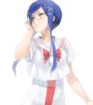  1girl adjusting_hair aika_granzchesta aria bangs blue_hair bow bowtie collarbone kuroko_(piii) parted_lips red_bow red_neckwear sailor_collar shirt short_hair_with_long_locks short_sleeves sidelocks simple_background solo swept_bangs upper_body white_background white_sailor_collar white_shirt yellow_eyes 