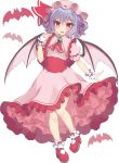  1girl :d ascot bangs bat bat_wings beni_kurage blue_hair blush bobby_socks brooch commentary_request dress eyebrows_visible_through_hair frilled_shirt_collar frills hair_between_eyes hand_up hat hat_ribbon highres jewelry looking_at_viewer mary_janes mob_cap open_mouth petticoat pink_dress pink_headwear puffy_short_sleeves puffy_sleeves red_eyes red_footwear red_neckwear red_ribbon red_sash remilia_scarlet ribbon sash shoes short_hair short_sleeves simple_background smile socks solo touhou white_background white_legwear wings wrist_cuffs 