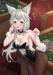  1girl :d ahoge animal_ear_fluff animal_ears bangs bare_shoulders black_collar black_leotard blush breasts brown_legwear bunny_ears bunny_girl bunnysuit cleavage collar collarbone commentary_request erune fang flower flying_sweatdrops granblue_fantasy hair_flower hair_ornament hands_up highres indoors leaning_forward leotard long_hair medium_breasts open_mouth pantyhose paw_pose red_eyes roulette_table sen_(granblue_fantasy) silver_hair smile solo standing strapless strapless_leotard uneg very_long_hair white_flower 