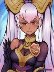  1girl armor bare_shoulders blush breasts cleavage closed_mouth commentary dark_skin english_commentary fire_emblem fire_emblem_heroes gradient_hair hair_ornament laevateinn_(fire_emblem_heroes) long_hair looking_at_viewer medium_breasts multicolored_hair phiphi-au-thon pink_hair red_eyes solo twintails twitter_username 