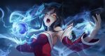  1girl ahri animal_ears armpit_crease armpits bare_shoulders black_hair breasts detached_sleeves fangs fox_ears fox_girl half-closed_eyes highres kushibi league_of_legends long_hair long_sleeves looking_at_viewer medium_breasts nail_polish off_shoulder open_mouth orb outstretched_arms smoke solo spread_arms strapless upper_body whisker_markings yellow_eyes 