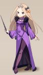  1girl :&gt; abigail_williams_(fate/grand_order) bangs bell_(oppore_coppore) black_bow blonde_hair blue_eyes blush bow breasts brown_background closed_mouth commentary_request cosplay dress fate/grand_order fate_(series) full_body fur-trimmed_dress fur_trim hair_bow headpiece high_heels highres holding holding_wand long_hair long_sleeves orange_bow pantyhose parted_bangs polka_dot polka_dot_bow purple_dress purple_footwear purple_legwear scathach_(fate)_(all) scathach_skadi_(fate/grand_order) scathach_skadi_(fate/grand_order)_(cosplay) see-through shoes short_hair simple_background small_breasts smile solo standing v-shaped_eyebrows very_long_hair wand wide_sleeves 